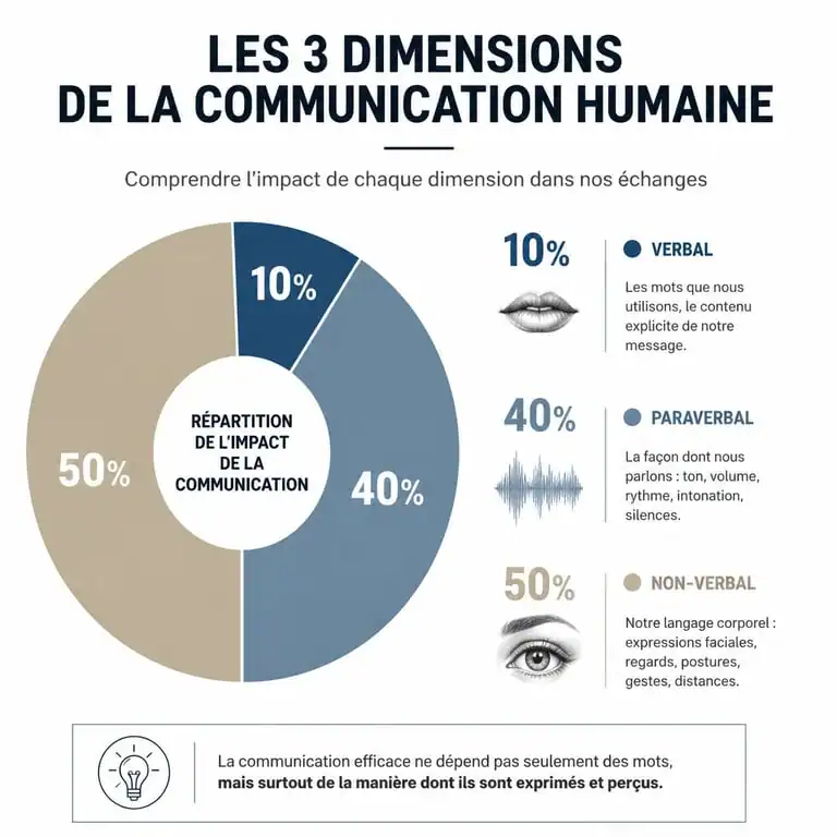 Infographie des trois dimensions de la communication : langage verbal, paraverbal et non-verbal