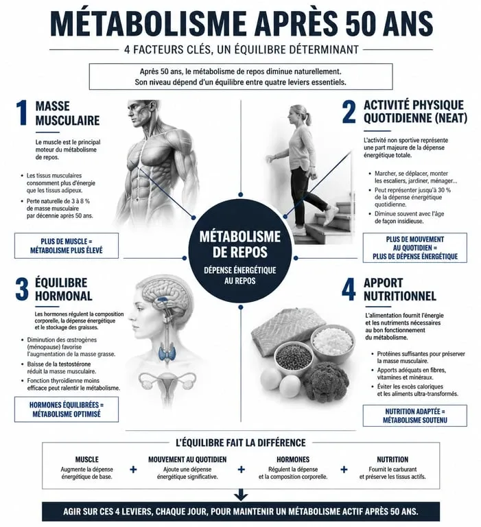 Infographie sur les facteurs influençant le métabolisme après 50 ans et comment augmenter son métabolisme