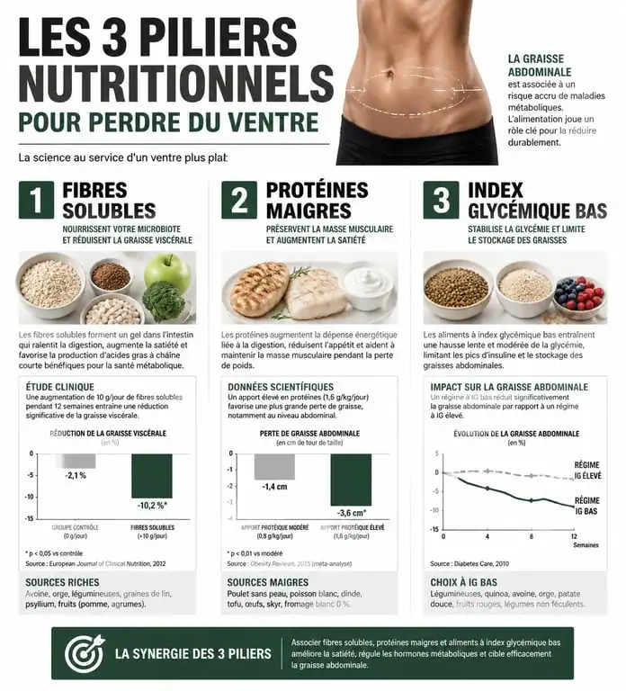 Infographie des piliers nutritionnels pour perdre du ventre et réduire la graisse abdominale