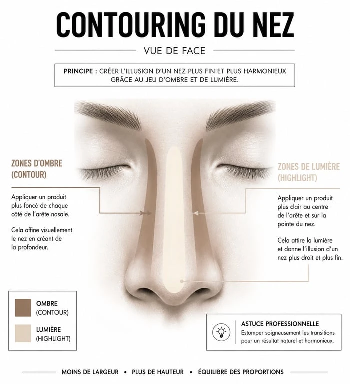 Schéma explicatif des zones de contouring pour affiner son nez visuellement.