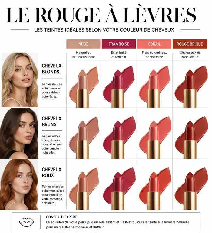 Infographie des couleurs de rouge à lèvres recommandées pour peau claire selon la couleur de cheveux