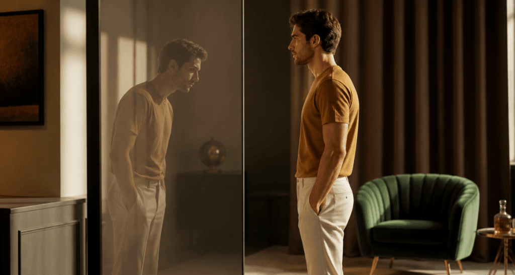 maigrir augmente la taille homme debout miroir