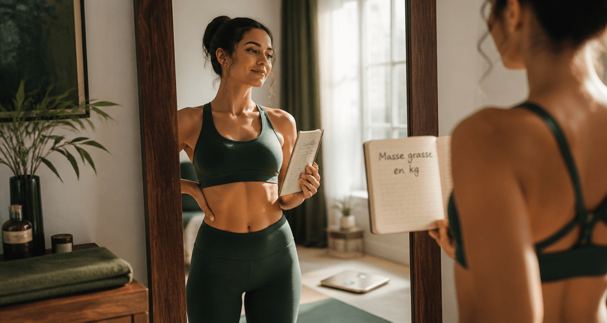 masse grasse femme en kg devant miroir