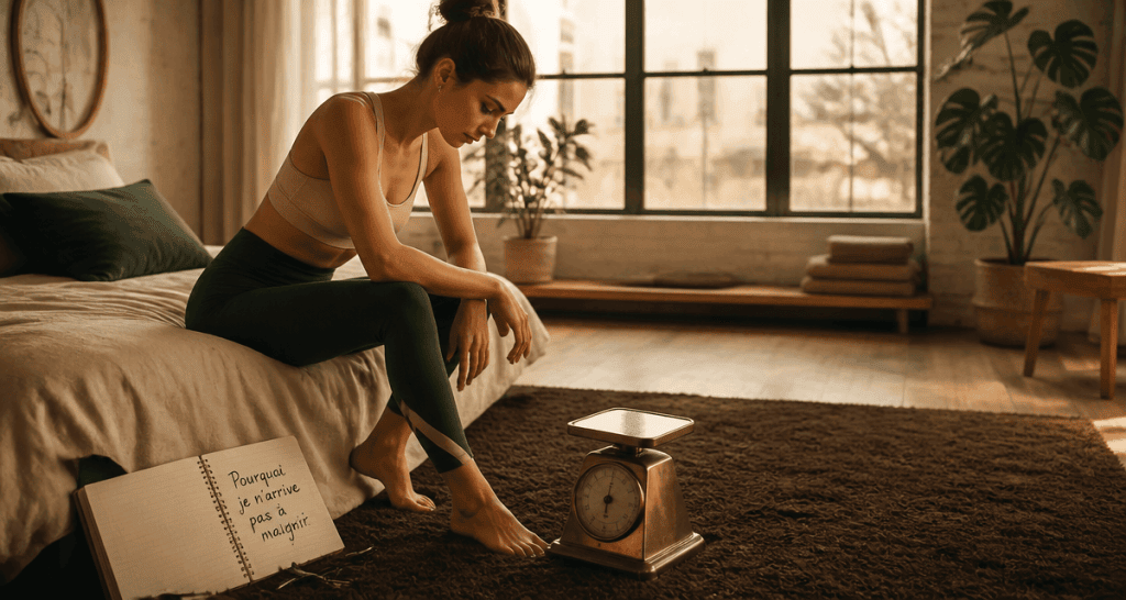 pourquoi je n arrive pas a maigrir femme assise regardant balance