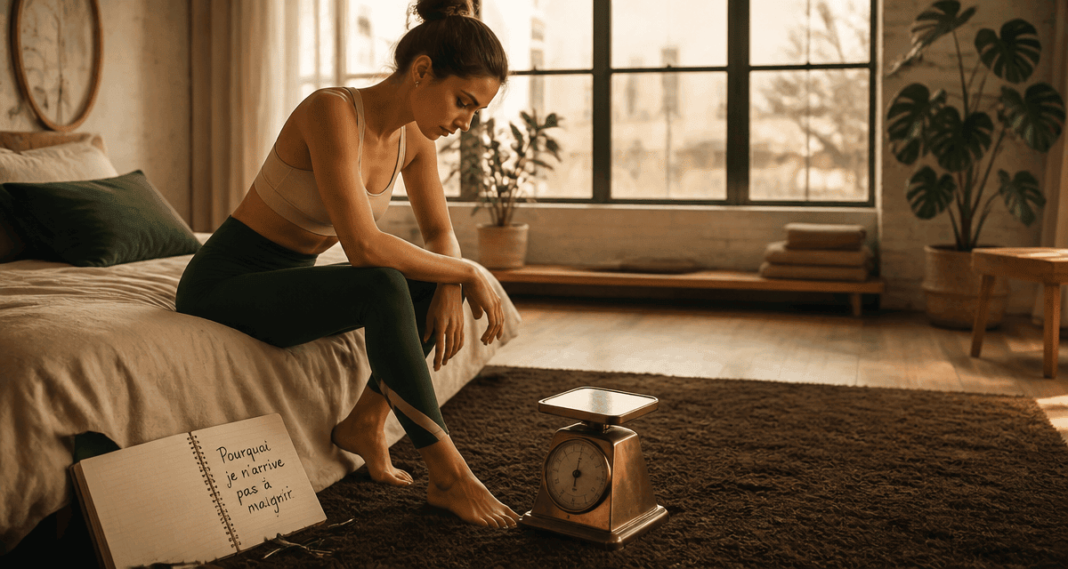 pourquoi je n arrive pas a maigrir femme assise regardant balance
