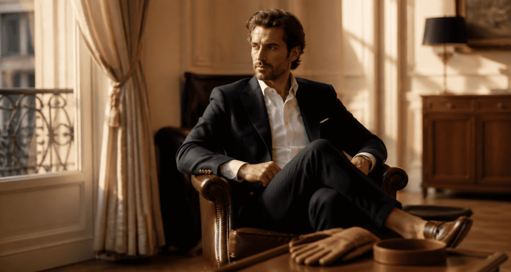 style bcbg homme blazer bleu marine salon parisien