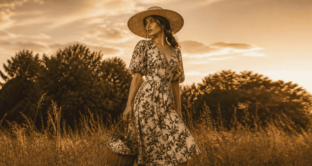 tenue champetre femme robe florale chapeau osier