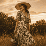 tenue champetre femme robe florale chapeau osier