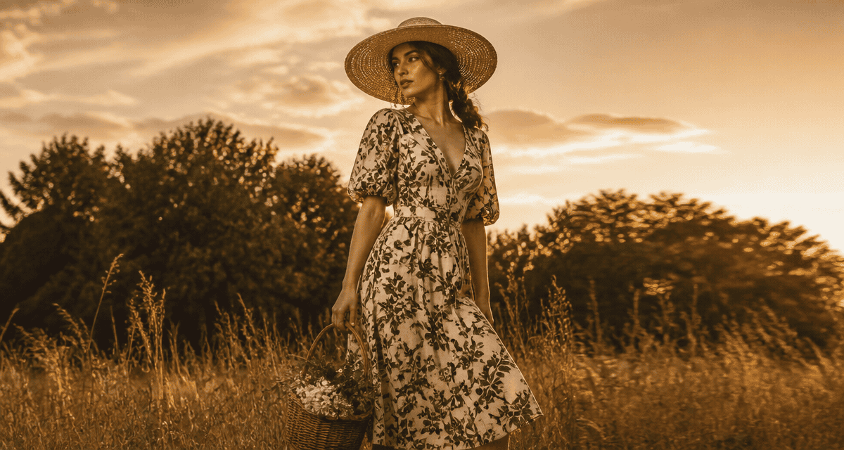 tenue champetre femme robe florale chapeau osier