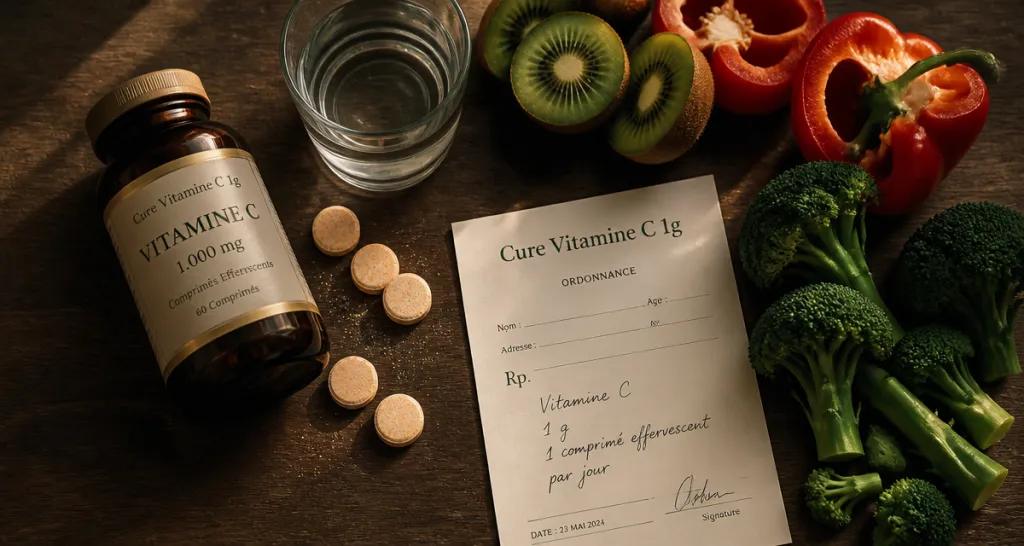 1g de vitamine c par jour sur table avec aliments et comprimés