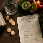 1g de vitamine c par jour sur table avec aliments et comprimés