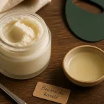 Beurre de karité utilisation : pot, spatule et noisette fondue sur table bois