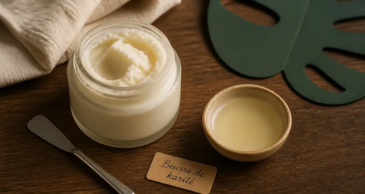 Beurre de karité utilisation : pot, spatule et noisette fondue sur table bois