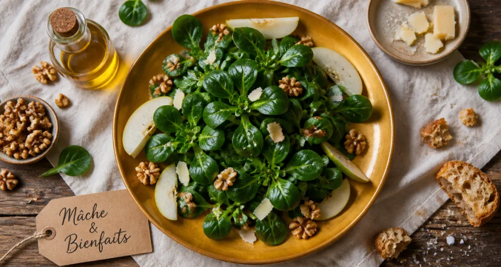 Bienfait de la mâche en salade sur table rustique