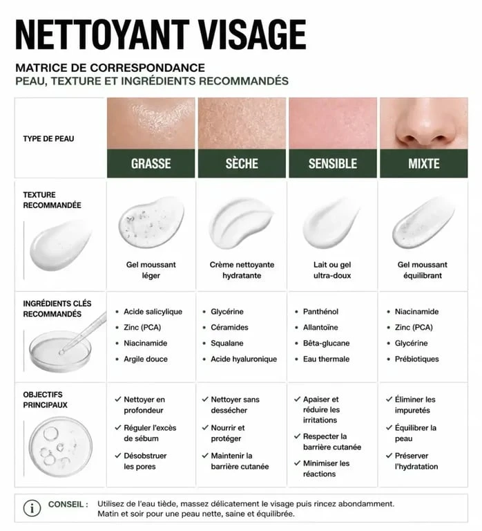 Infographie récapitulative pour choisir le meilleur nettoyant visage selon son type de peau