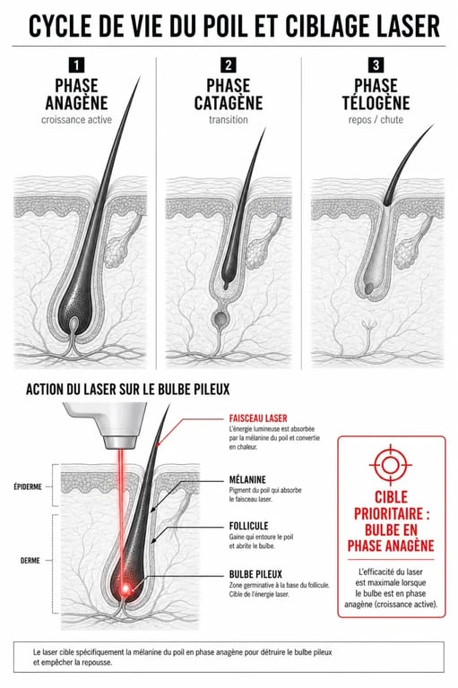 Schéma explicatif du fonctionnement de l'épilation définitive laser sur le cycle pilaire