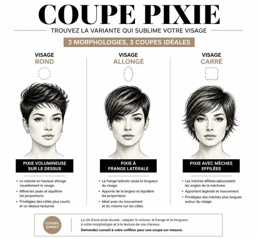 Infographie des meilleures coupes pixie 2024 selon la forme du visage