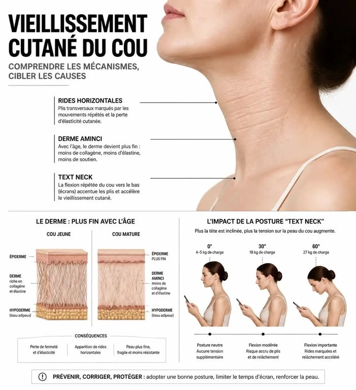 Schéma explicatif du vieillissement cutané et du phénomène de text neck pour comprendre l'importance d'une crème raffermissante pour le cou
