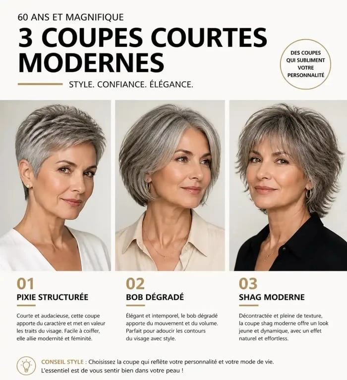 Coupe de cheveux frisés courts pour femme de 60 ans : styles Pixie, carré dégradé et Shag