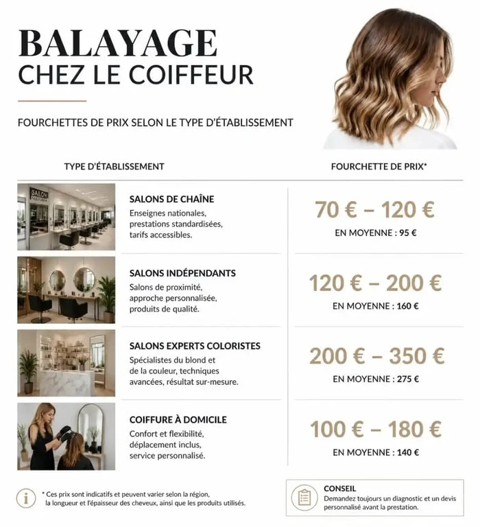 Infographie comparative des prix d'un balayage chez le coiffeur selon le type d'établissement