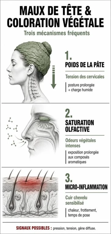Infographie expliquant les causes des maux de tête après une coloration végétale