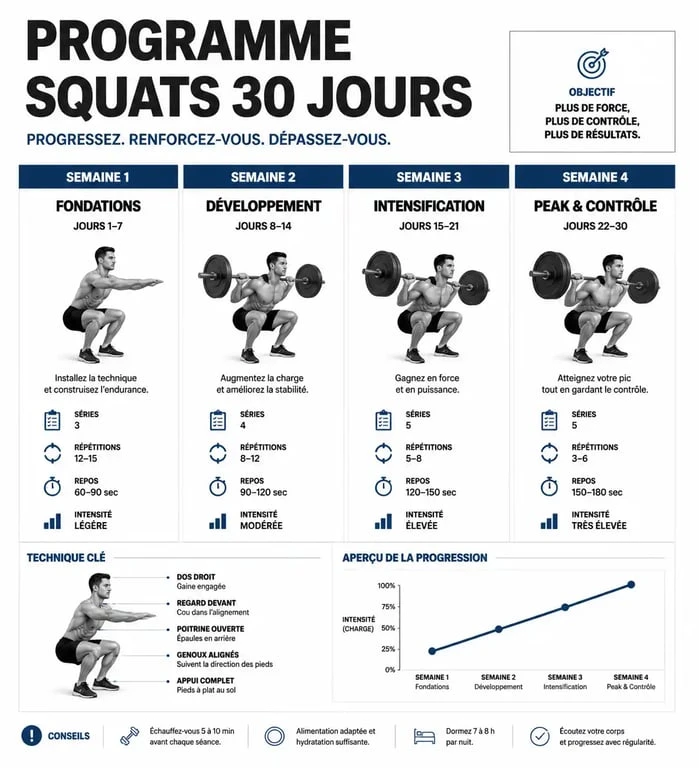 Infographie du programme squat femme sur 30 jours pour tonifier les jambes et fessiers