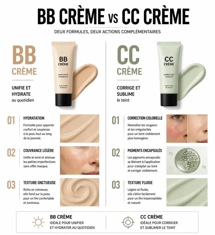 Infographie comparative des différences entre BB crème et CC crème pour le teint