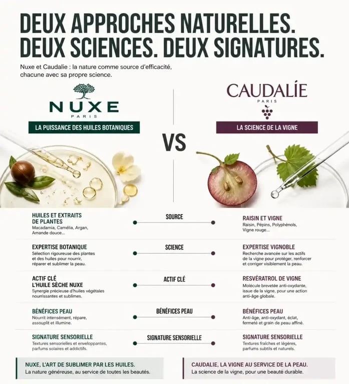 Comparatif des marques de cosmétiques Nuxe et Caudalie pour choisir le meilleur soin selon son type de peau