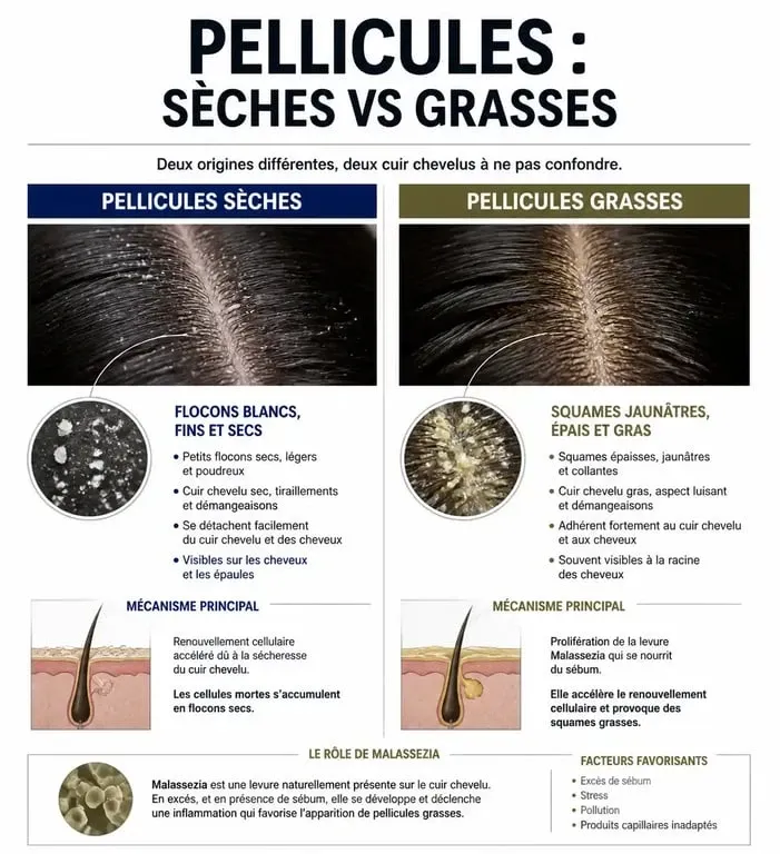 Infographie comparative des pellicules sèches et grasses pour comprendre comment se débarrasser des pellicules