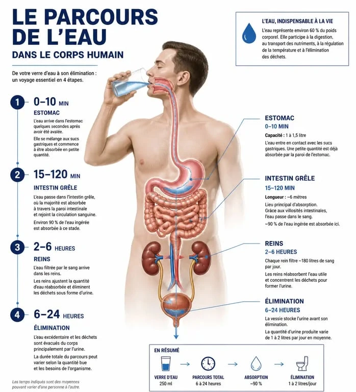 Schéma du temps de digestion et d'absorption de l'eau dans le corps humain