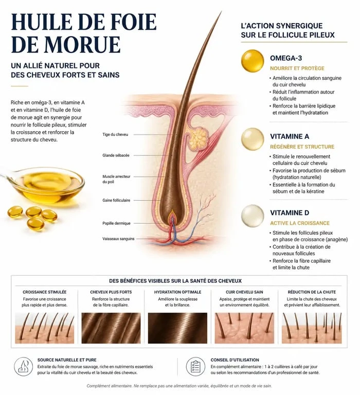Infographie sur les bienfaits de l'huile de foie de morue pour les cheveux : rôle des vitamines et oméga-3.