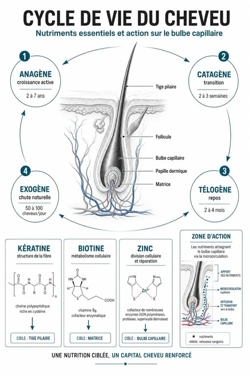 Infographie sur le rôle des compléments alimentaires pour la santé et la pousse des cheveux