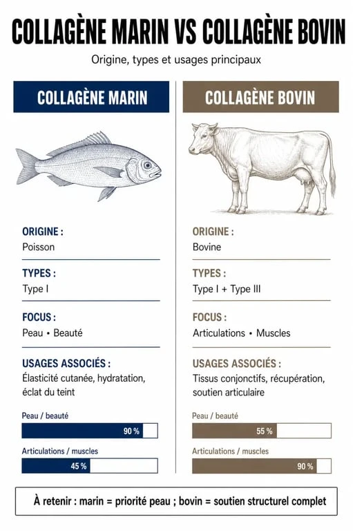 Infographie comparative des différences entre le collagène marin et le collagène bovin pour la santé et la beauté