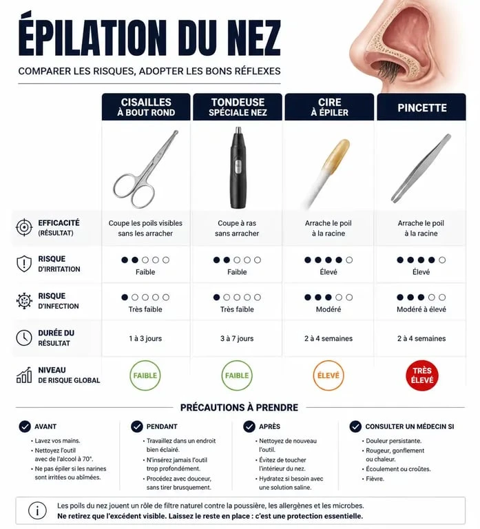 Infographie sur les méthodes d'épilation du nez et les risques associés pour la peau