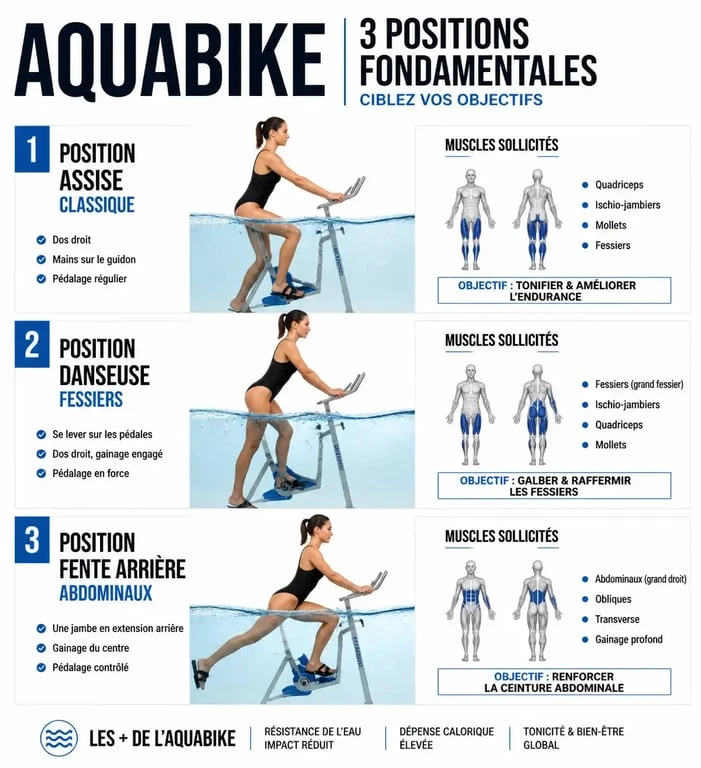 Infographie des trois positions fondamentales pour une séance aquabike efficace
