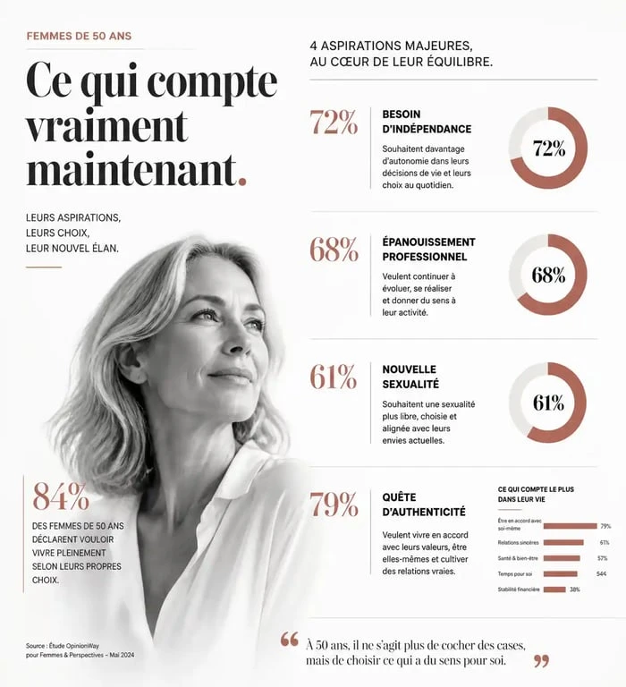 Infographie sur les aspirations et besoins des femmes de 50 ans pour leur épanouissement personnel.