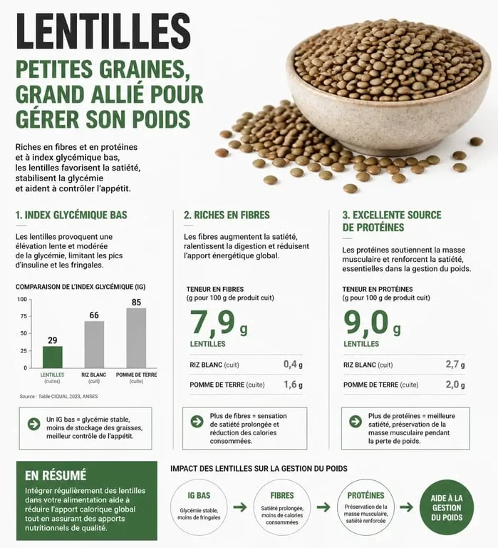 Infographie sur les bienfaits des lentilles pour la gestion du poids et la satiété