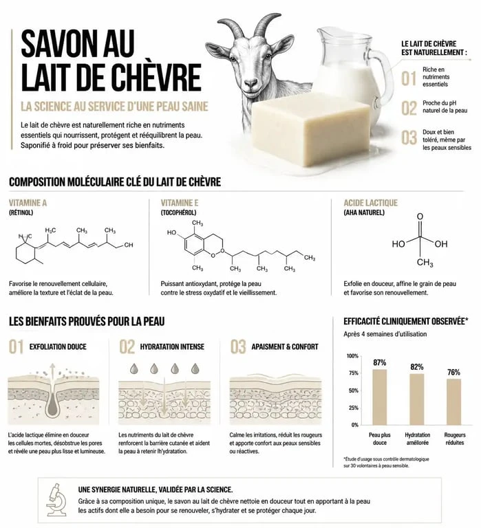 Infographie illustrant les bienfaits du savon au lait de chèvre pour la peau et ses propriétés régénératrices.