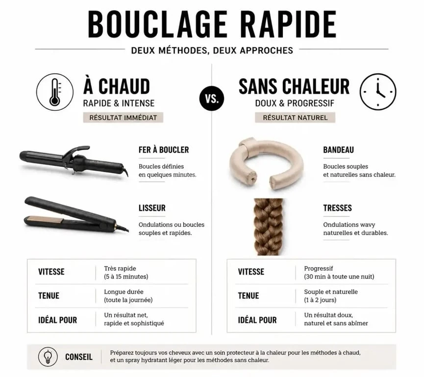 Comparatif des méthodes pour boucler ses cheveux rapidement : techniques à chaud vs sans chaleur