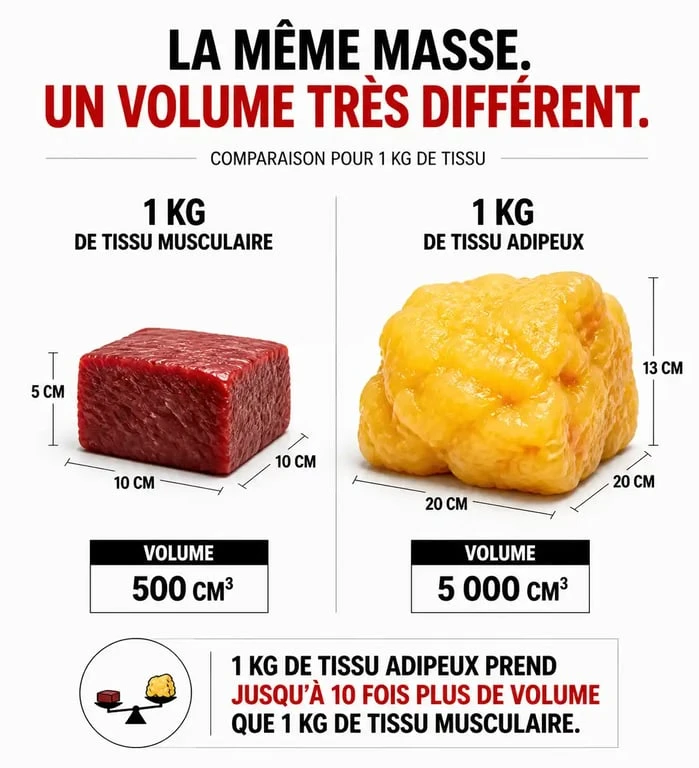 Comparaison visuelle du volume entre muscle et graisse pour comprendre pourquoi on s'affine sans perdre de poids
