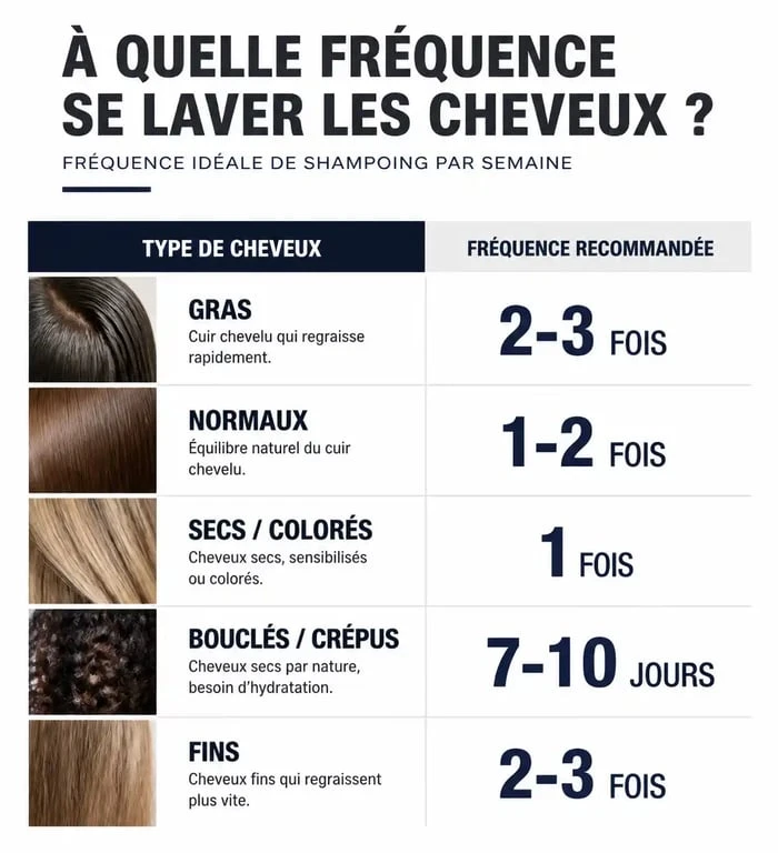 Infographie sur la fréquence idéale de shampoing par semaine selon le type de cheveux pour une routine capillaire adaptée.