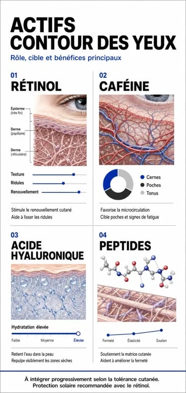 Infographie des meilleurs actifs anti-rides pour le contour des yeux selon 60 Millions de Consommateurs