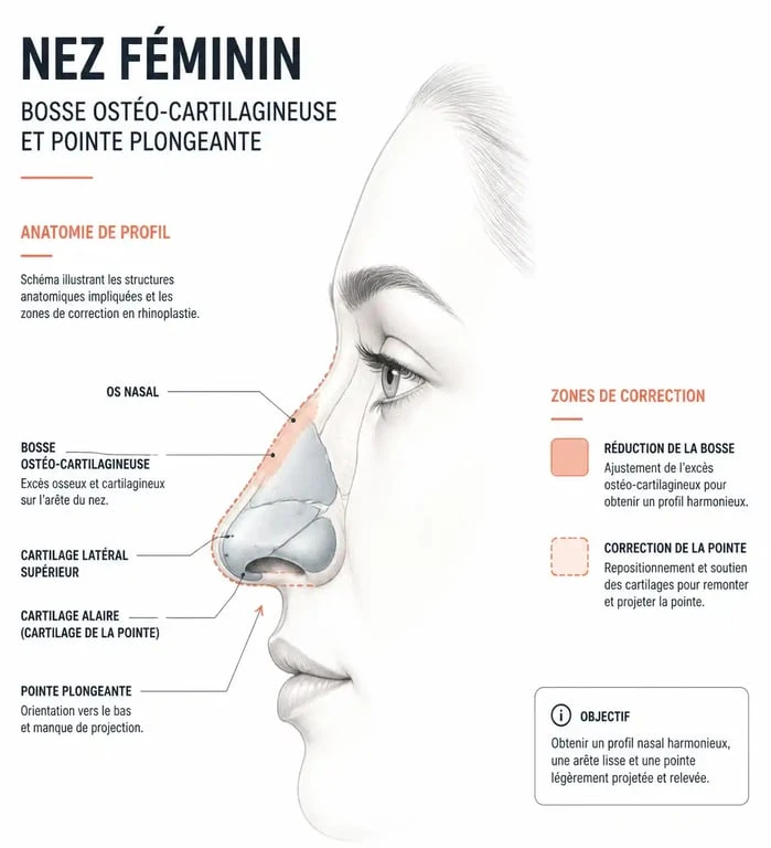 Schéma anatomique du nez crochu chez la femme : bosse et pointe plongeante
