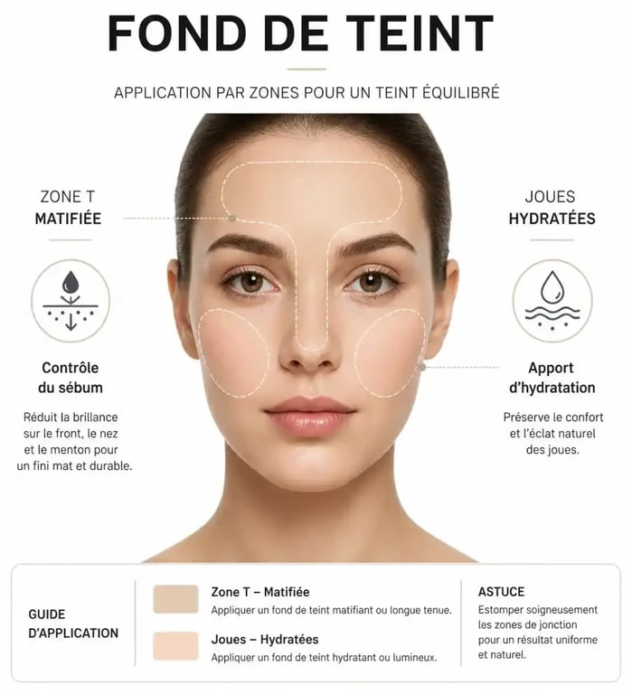 Infographie illustrant comment appliquer le fond de teint sur une peau mixte pour un résultat naturel