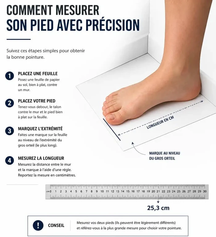 Guide visuel pour mesurer son pied et choisir la bonne taille de chaussures Billowy femme