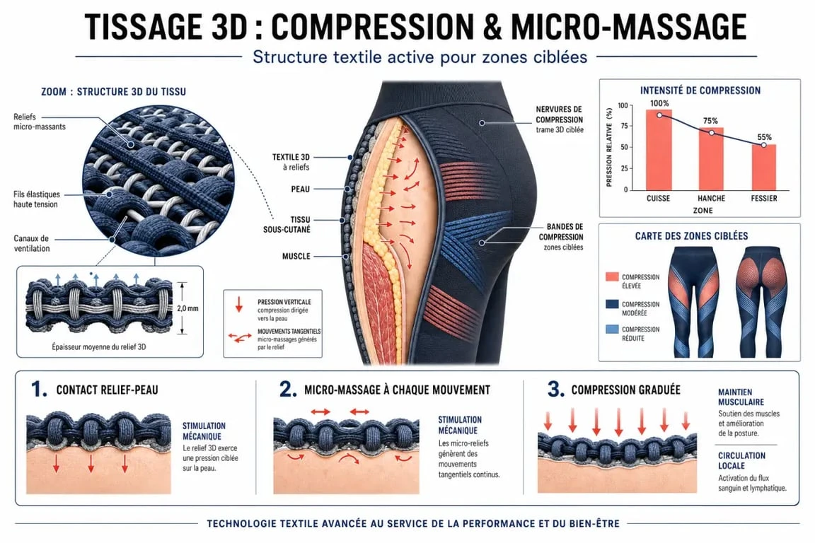 Schéma explicatif du fonctionnement du legging Plumi et de son action anti-cellulite par micro-massage