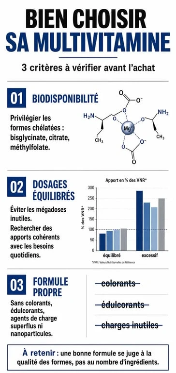 Infographie sur les critères de choix des meilleurs compléments multivitamines et minéraux pour une santé optimale.
