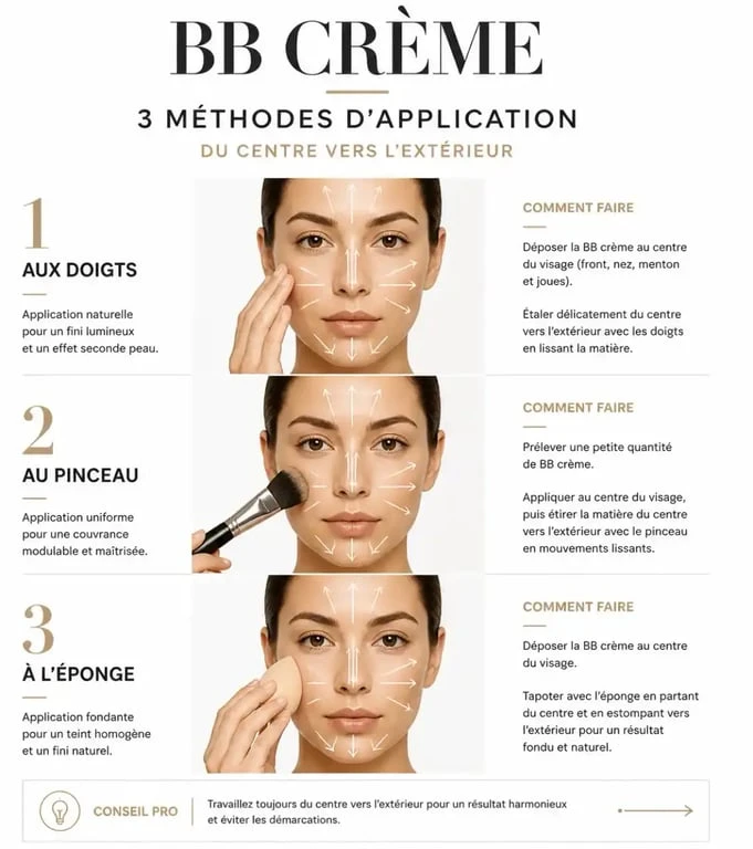 Infographie montrant comment appliquer une BB crème avec les doigts, un pinceau ou une éponge pour un teint naturel