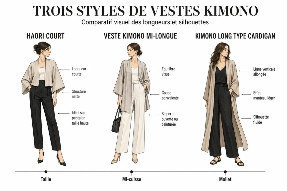 Comparatif des styles de veste kimono : Haori court, veste mi-longue et kimono long pour femme.