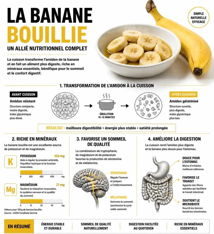 Infographie des bienfaits de la banane bouillie pour la santé et la digestion